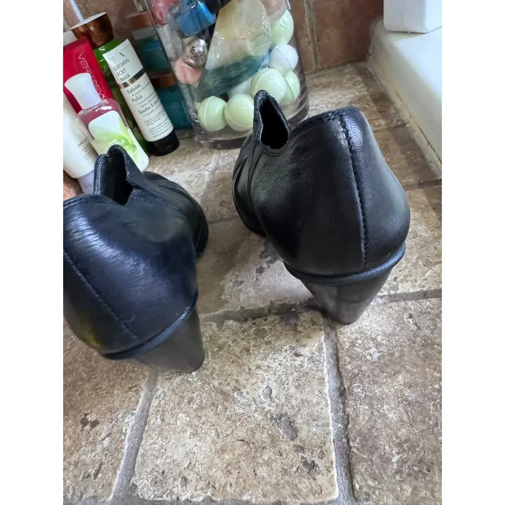 Black and silver low heel leather booties